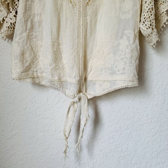 NWT Democracy Blouse Beige S Embroidered Open Crochet Lace Peasant Boho Cottage - Picture 5 of 10